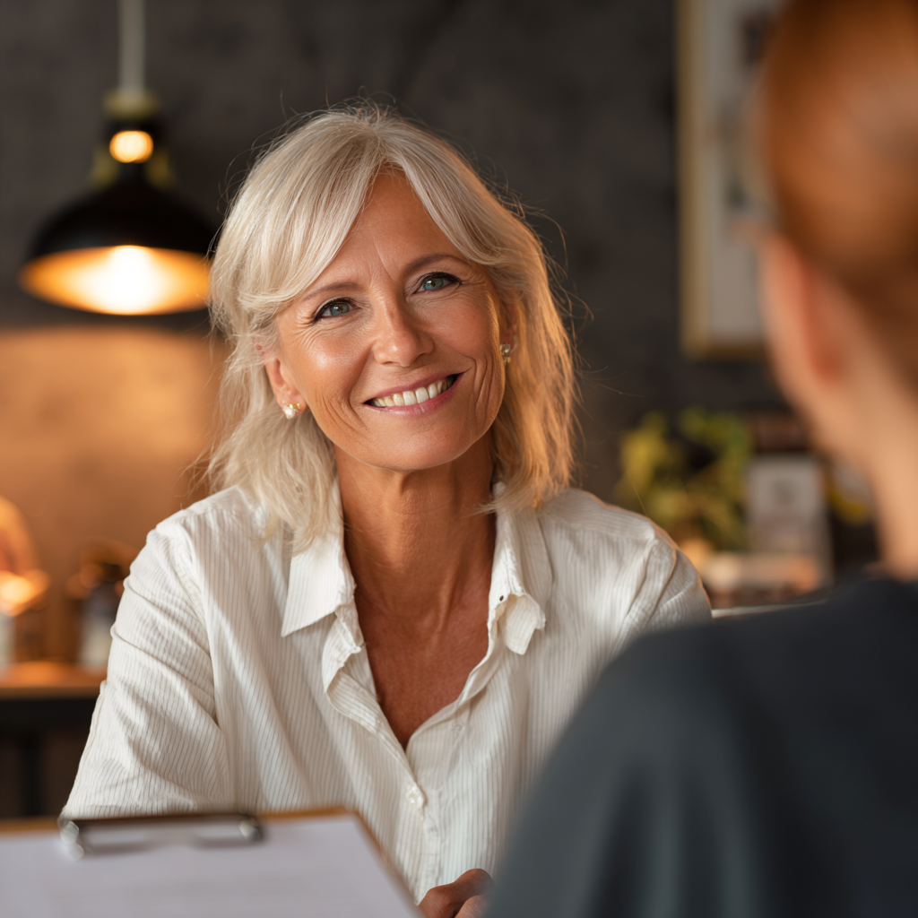Щаслива європейська жінка середнього віку з здоровою сяючою шкірою, усміхається на природі серед зеленої рослинності, реалістичний стиль