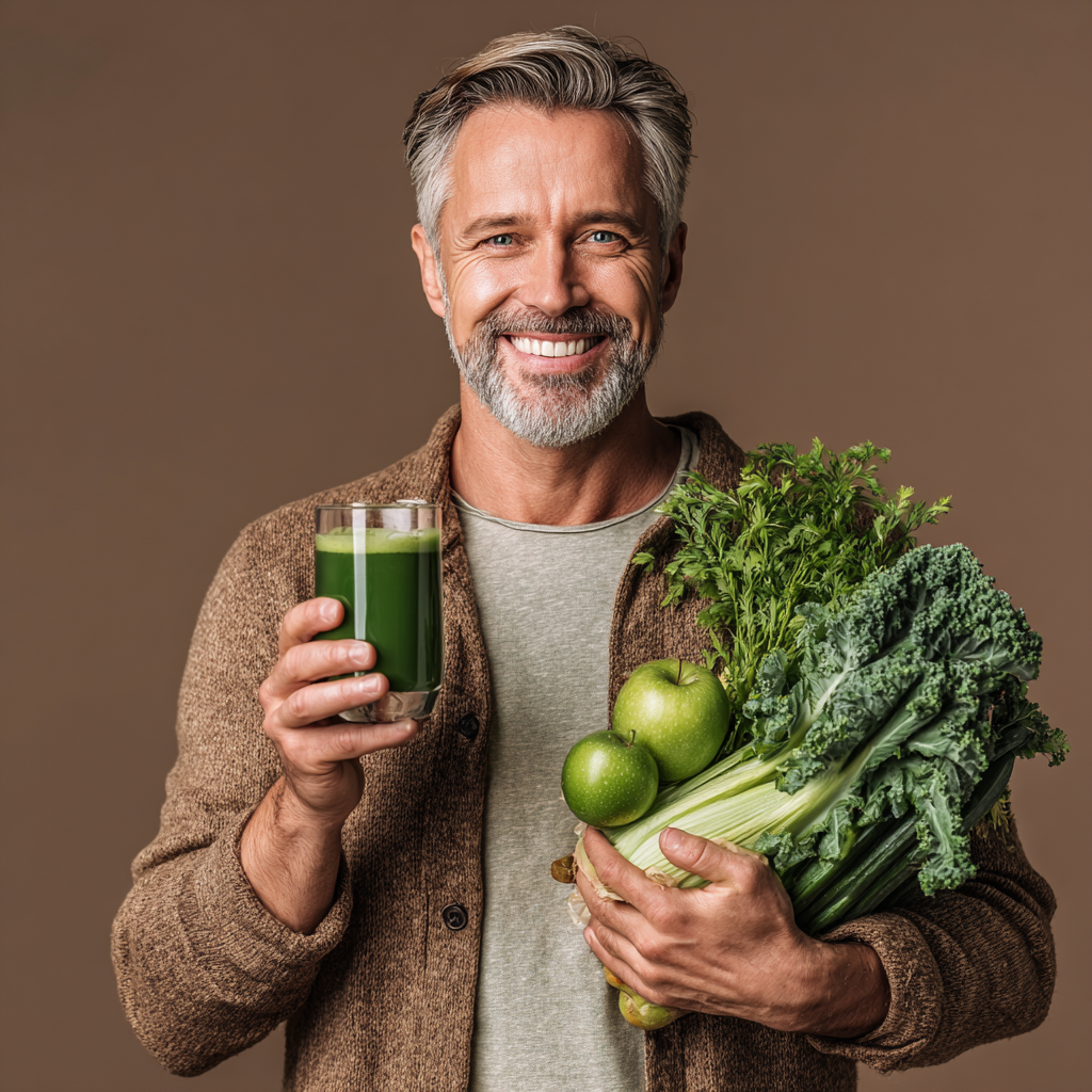 Європейський чоловік у віці 40-45 років п'є зелений сік, усміхається, здоровий вигляд, природне освітлення, реалістичний стиль