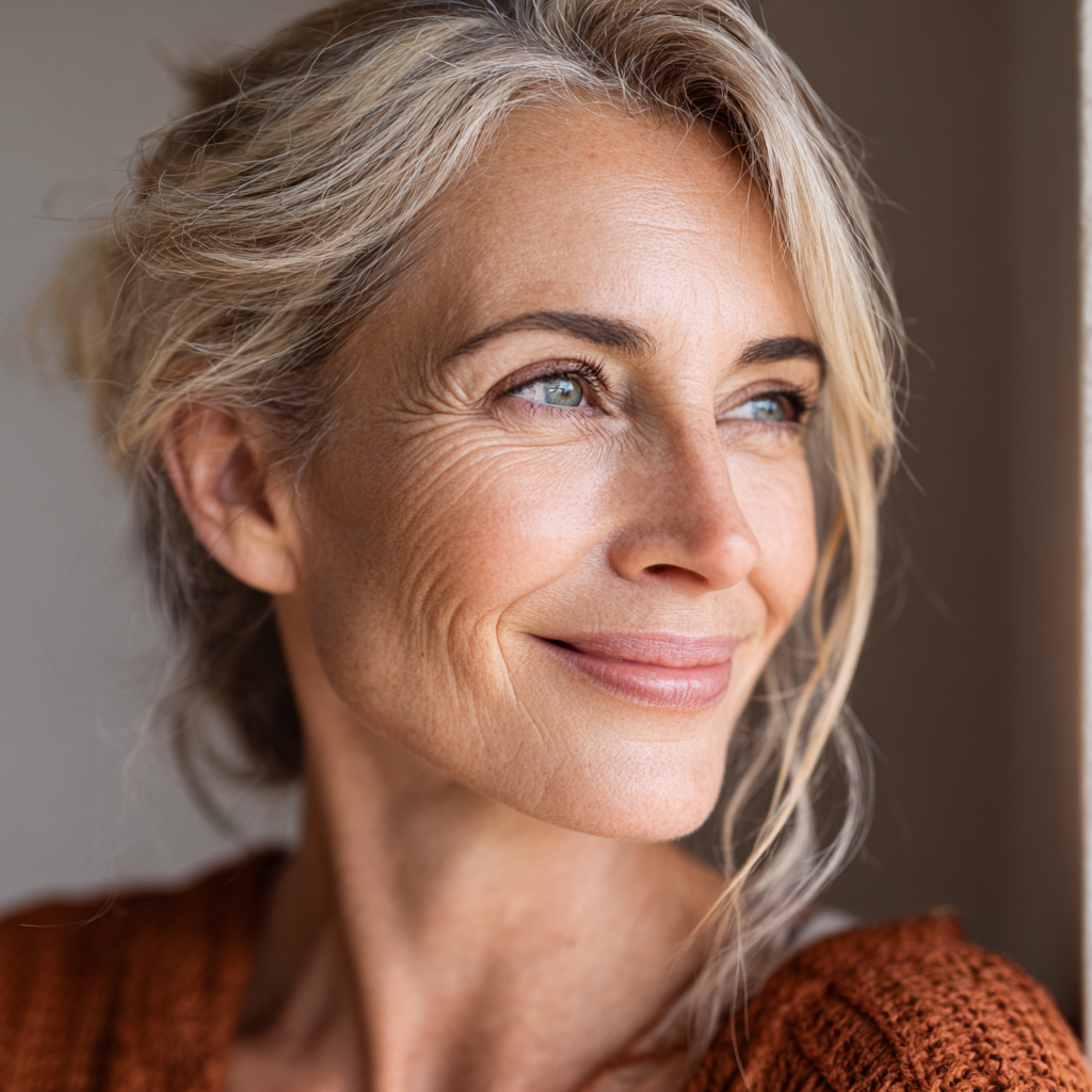 Європейська жінка 35-40 років медитує на природі, спокійний вираз обличчя, здорова шкіра, природне освітлення в лісі, реалістичний стиль